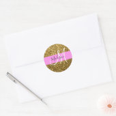 Glam Pink und Gold Glitzer Glitzern Monogram Name Runder Aufkleber (Umschlag)