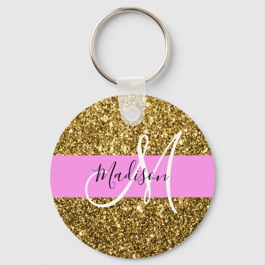Glam Pink und Gold Glitzer Glitzern Monogram Name Schlüsselanhänger (Vorderseite)