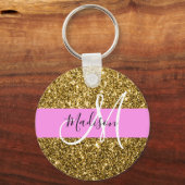 Glam Pink und Gold Glitzer Glitzern Monogram Name Schlüsselanhänger (Vorderseite)