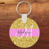 Glam Pink und Gold Glitzer Glitzern Monogram Name Schlüsselanhänger (Vorderseite)