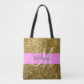 Glam Pink und Gold Glitzer Glitzern Monogram Name Tasche (Vorderseite)