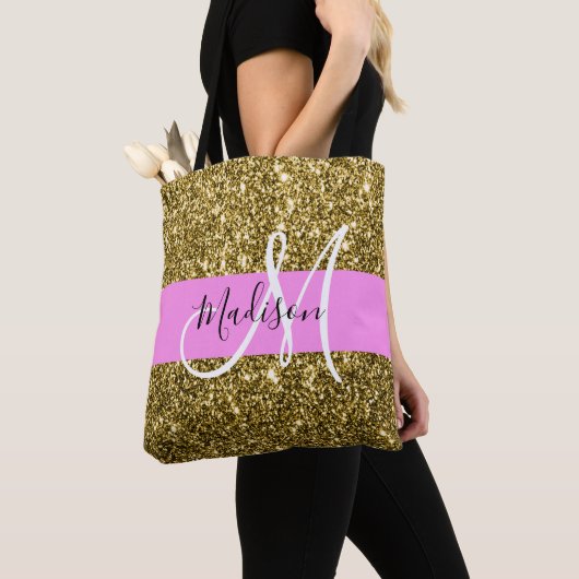 Glam Pink und Gold Glitzer Glitzern Monogram Name Tasche (Von Nahem)