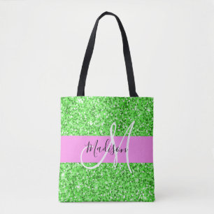 Glam Pink und Green Glitzer Glitzern Monogram Name Tasche