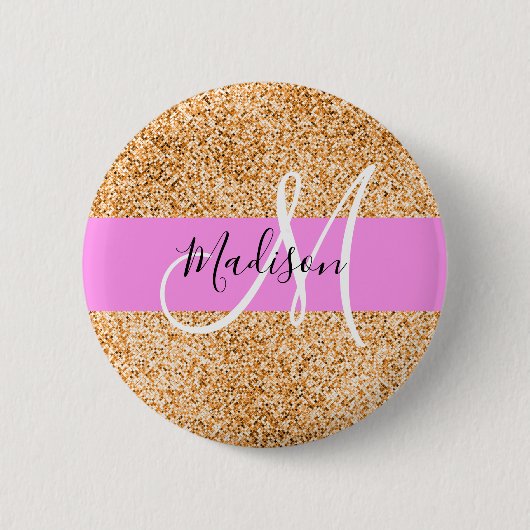Glam Pink- und Kupfer-Glitter-Monogramm-Name Button (Vorderseite)
