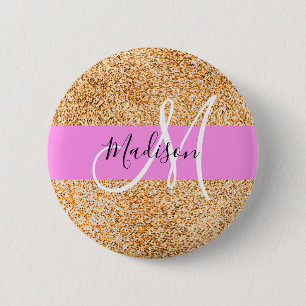 Glam Pink- und Kupfer-Glitter-Monogramm-Name Button