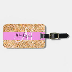 Glam Pink- und Kupfer-Glitter-Monogramm-Name Gepäckanhänger