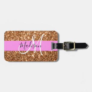 Glam Pink- und Kupfer-Glitter-Monogramm-Name Gepäckanhänger