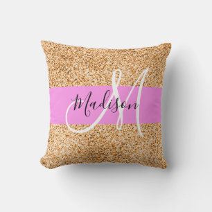 Glam Pink- und Kupfer-Glitter-Monogramm-Name Kissen