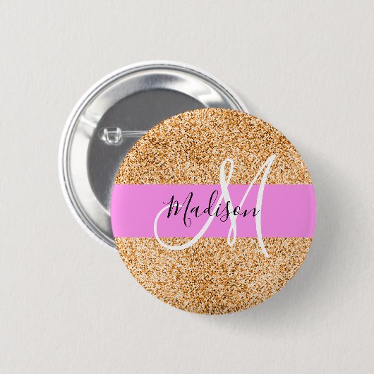 Glam Pink und Kupfer Glitzer Glitzern Monogram Nam Button (Vorne & Hinten)