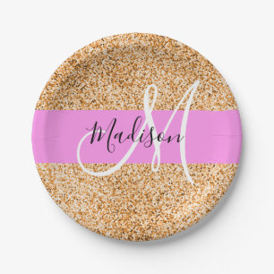 Glam Pink und Kupfer Glitzer Glitzern Monogram Nam Pappteller