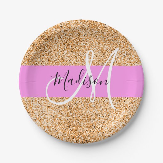 Glam Pink und Kupfer Glitzer Glitzern Monogram Nam Pappteller (Vorderseite)
