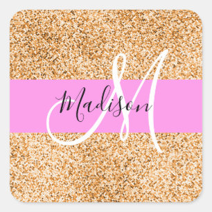 Glam Pink und Kupfer Glitzer Glitzern Monogram Nam Quadratischer Aufkleber