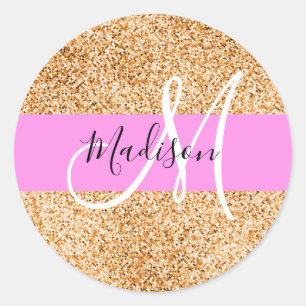 Glam Pink und Kupfer Glitzer Glitzern Monogram Nam Runder Aufkleber