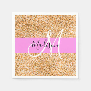 Glam Pink und Kupfer Glitzer Glitzern Monogram Nam Serviette