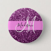 Glam Pink und Lila Glitzer Glitzern Monogramm Name Button (Vorderseite)