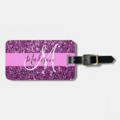 Glam Pink und Lila Glitzer Glitzern Monogramm Name Gepäckanhänger (Vorderseite horizontal)