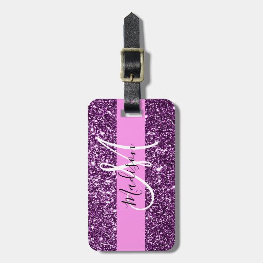Glam Pink und Lila Glitzer Glitzern Monogramm Name Gepäckanhänger (Vorderseite vertikal)