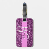 Glam Pink und Lila Glitzer Glitzern Monogramm Name Gepäckanhänger (Rückseite vertikal)