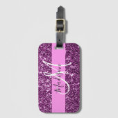 Glam Pink und Lila Glitzer Glitzern Monogramm Name Gepäckanhänger (Vorderseite Vertikal)