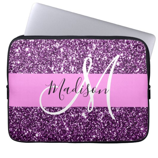 Glam Pink und Lila Glitzer Glitzern Monogramm Name Laptopschutzhülle (Vorderseite)
