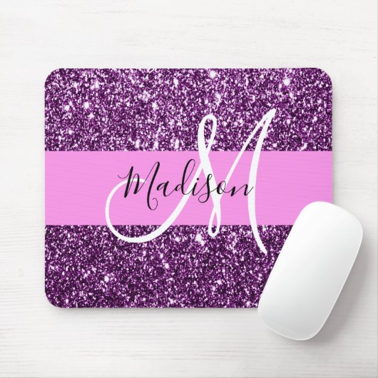Glam Pink und Lila Glitzer Glitzern Monogramm Name Mousepad (Mit Mouse)