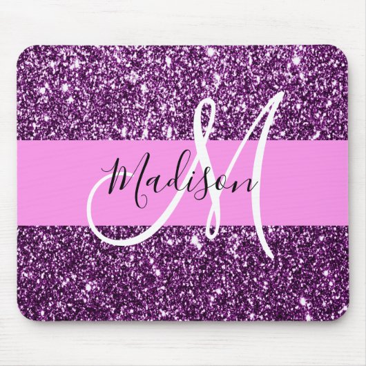 Glam Pink und Lila Glitzer Glitzern Monogramm Name Mousepad (Vorne)