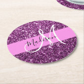 Glam Pink und Lila Glitzer Glitzern Monogramm Name Runder Pappuntersetzer (Angewinkelt)