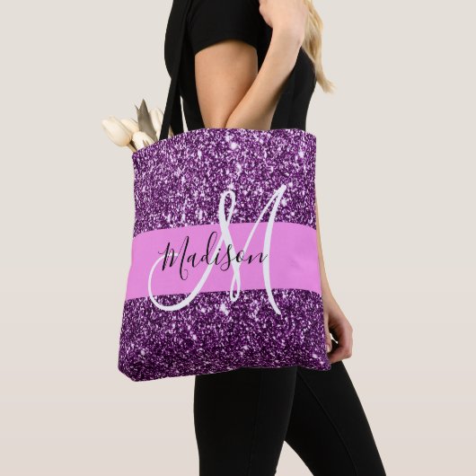 Glam Pink und Lila Glitzer Glitzern Monogramm Name Tasche (Von Nahem)