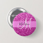Glam Pink- und Magenta-Glitter-Monogramm-Name Button (Vorne & Hinten)