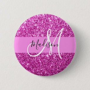 Glam Pink- und Magenta-Glitter-Monogramm-Name Button