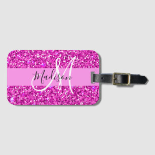 Glam Pink- und Magenta-Glitter-Monogramm-Name Gepäckanhänger