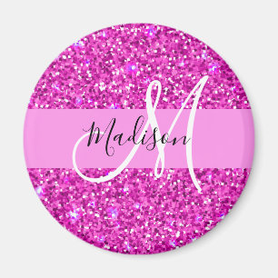 Glam Pink- und Magenta-Glitter-Monogramm-Name Magnet