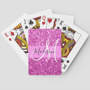 Glam Pink- und Magenta-Glitter-Monogramm-Name Spielkarten