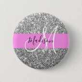 Glam Pink und Silver Glitzer Glitzern Monogram Nam Button (Vorderseite)