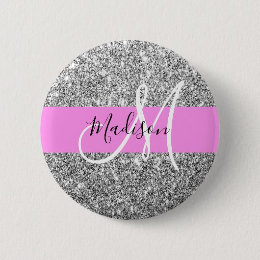 Glam Pink und Silver Glitzer Glitzern Monogram Nam Button (Vorderseite)