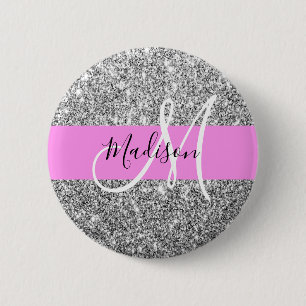 Glam Pink und Silver Glitzer Glitzern Monogram Nam Button