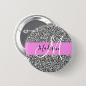 Glam Pink und Silver Glitzer Glitzern Monogram Nam Button (Vorne & Hinten)