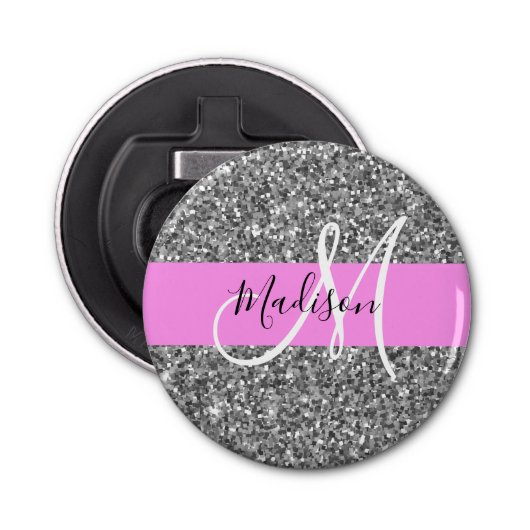 Glam Pink und Silver Glitzer Glitzern Monogram Nam Flaschenöffner (Vorderseite)