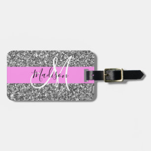Glam Pink und Silver Glitzer Glitzern Monogram Nam Gepäckanhänger