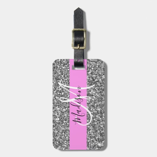 Glam Pink und Silver Glitzer Glitzern Monogram Nam Gepäckanhänger (Vorderseite vertikal)