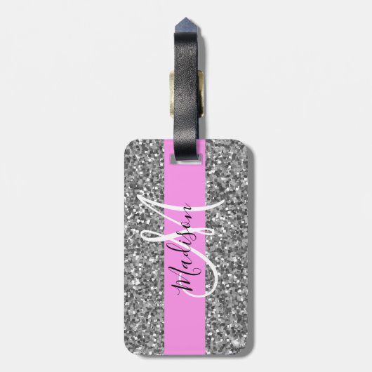 Glam Pink und Silver Glitzer Glitzern Monogram Nam Gepäckanhänger (Rückseite vertikal)