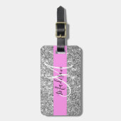 Glam Pink und Silver Glitzer Glitzern Monogram Nam Gepäckanhänger (Vorderseite vertikal)