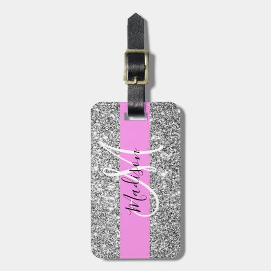 Glam Pink und Silver Glitzer Glitzern Monogram Nam Gepäckanhänger (Vorderseite vertikal)