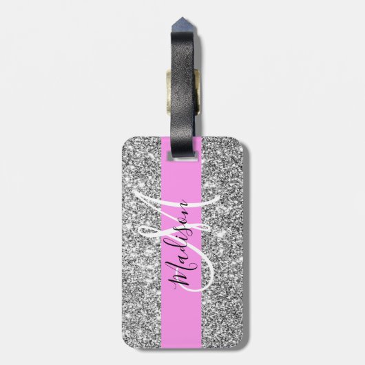 Glam Pink und Silver Glitzer Glitzern Monogram Nam Gepäckanhänger (Rückseite vertikal)