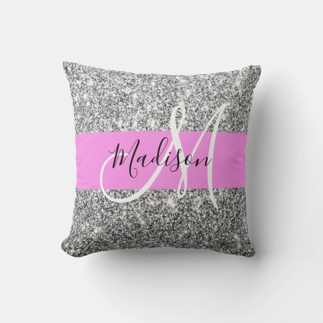 Glam Pink und Silver Glitzer Glitzern Monogram Nam Kissen (Vorderseite)