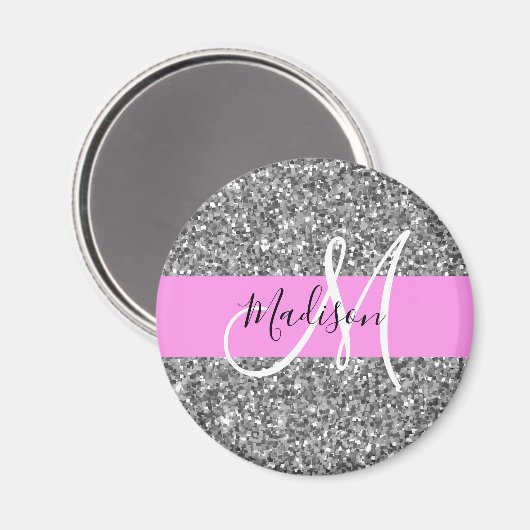 Glam Pink und Silver Glitzer Glitzern Monogram Nam Magnet (Vorderseite/Rückseite)