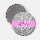 Glam Pink und Silver Glitzer Glitzern Monogram Nam Magnet (Vorderseite/Rückseite)
