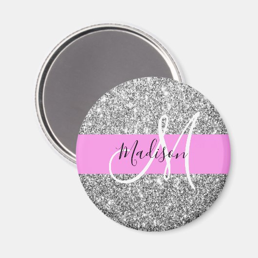 Glam Pink und Silver Glitzer Glitzern Monogram Nam Magnet (Vorderseite/Rückseite)