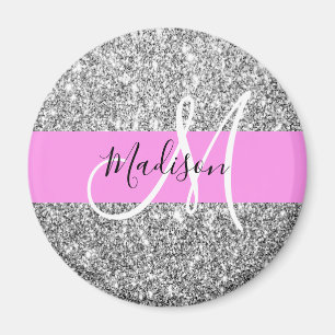 Glam Pink und Silver Glitzer Glitzern Monogram Nam Magnet
