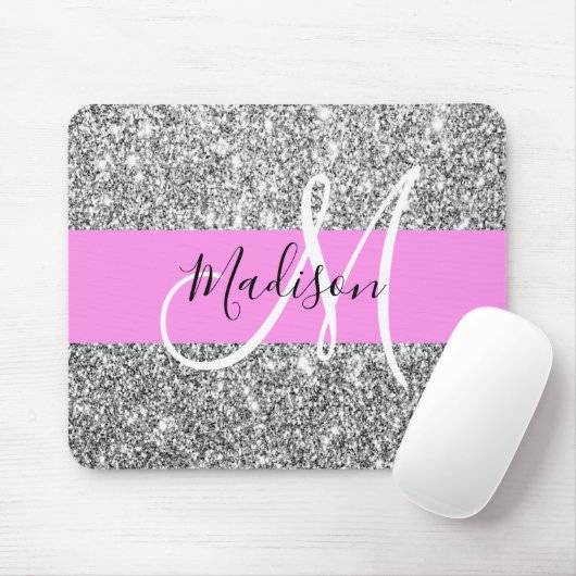 Glam Pink und Silver Glitzer Glitzern Monogram Nam Mousepad (Mit Mouse)